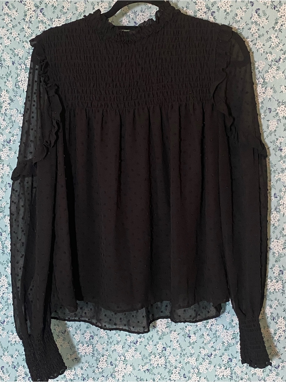 Moa Moa Black Smocked High-Neck Sheer Blouse